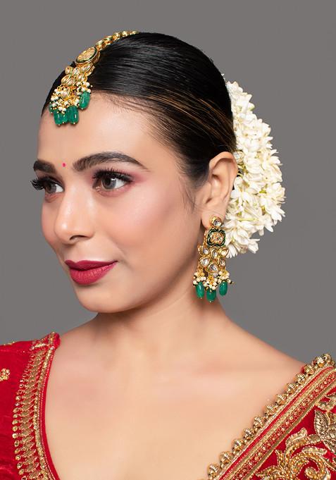 Green Gold Tone Kundan Earrings And Maangtika