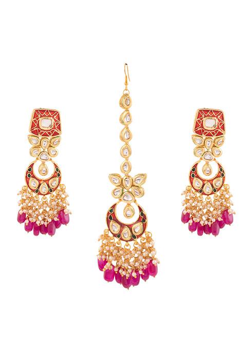 Maroon Gold Tone Kundan Enameled Earrings And Maangtika