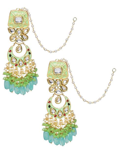 Green Enameled Kundan Earrings And Maangtika