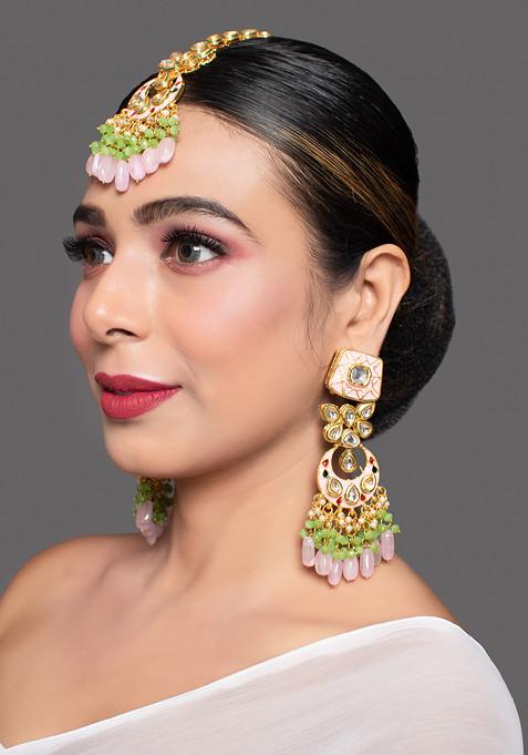 Pink Handcrafted Kundan Enameled Earrings And Maangtika