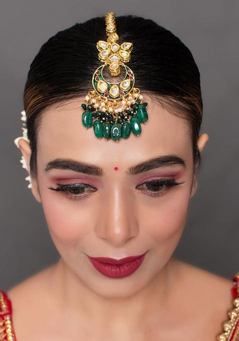 Green Handcrafted Kundan Bead Emerald Maangtika