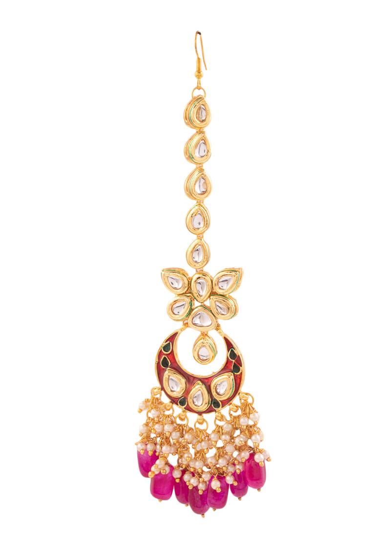 Maroon Kundan Maroon Enameled Maangtika - Indya