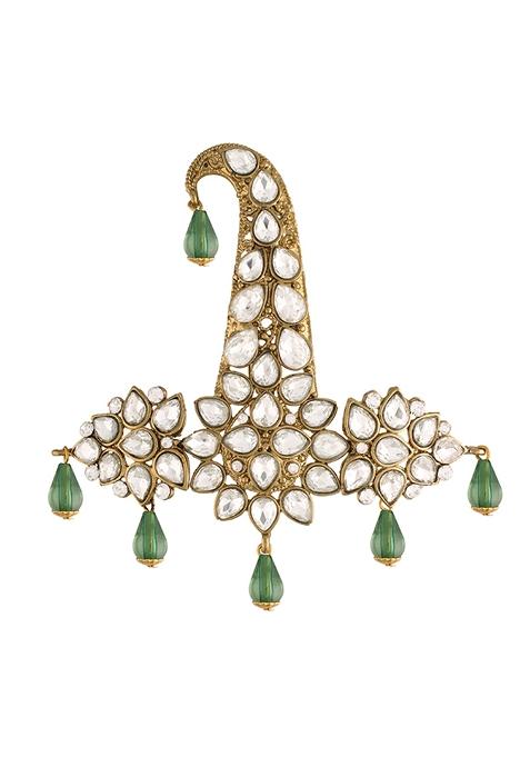 Green Gold Plated Traditional Stone Pearl Drop Safa Kalangi Brooch Pagadi