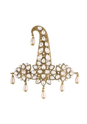 White Gold Plated Traditional Stone Pearl Drop Safa Kalangi Brooch Pagadi