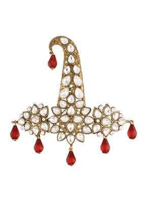 Maroon Gold Plated Traditional Stone Pearl Drop Safa Kalangi Brooch Pagadi