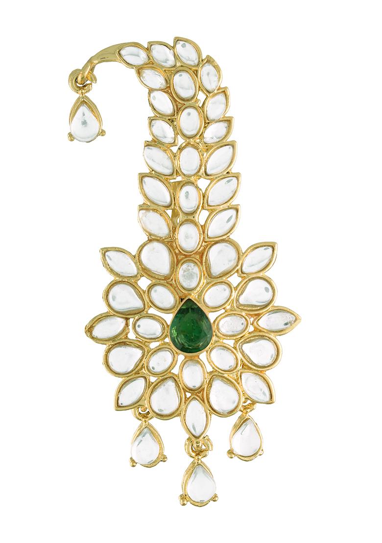 Green Gold Plated Traditional Stone Pearl Drop Safa Kalangi Brooch Pagadi