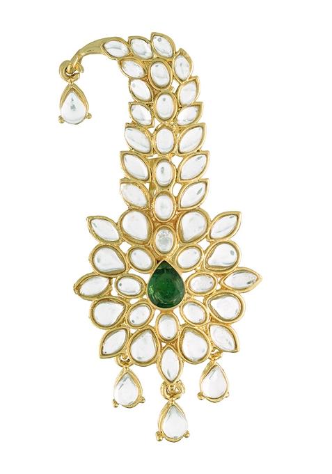 Green Gold Plated Traditional Stone Pearl Drop Safa Kalangi Brooch Pagadi