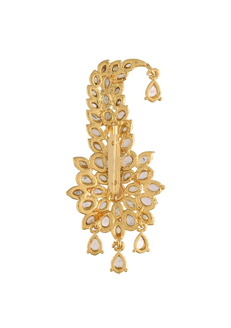 White Gold Plated Traditional Stone Pearl Drop Safa Kalangi Brooch Pagadi - Indya