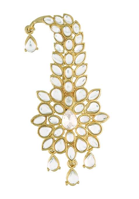 White Gold Plated Traditional Stone Pearl Drop Safa Kalangi Brooch Pagadi