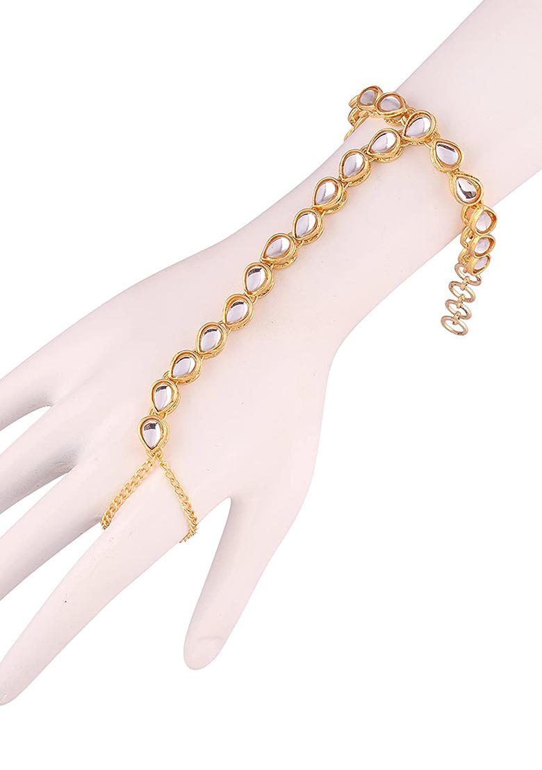Traditional Gold Plated Kundan Haath Punja Adjustable Chain Bracelet With Ring