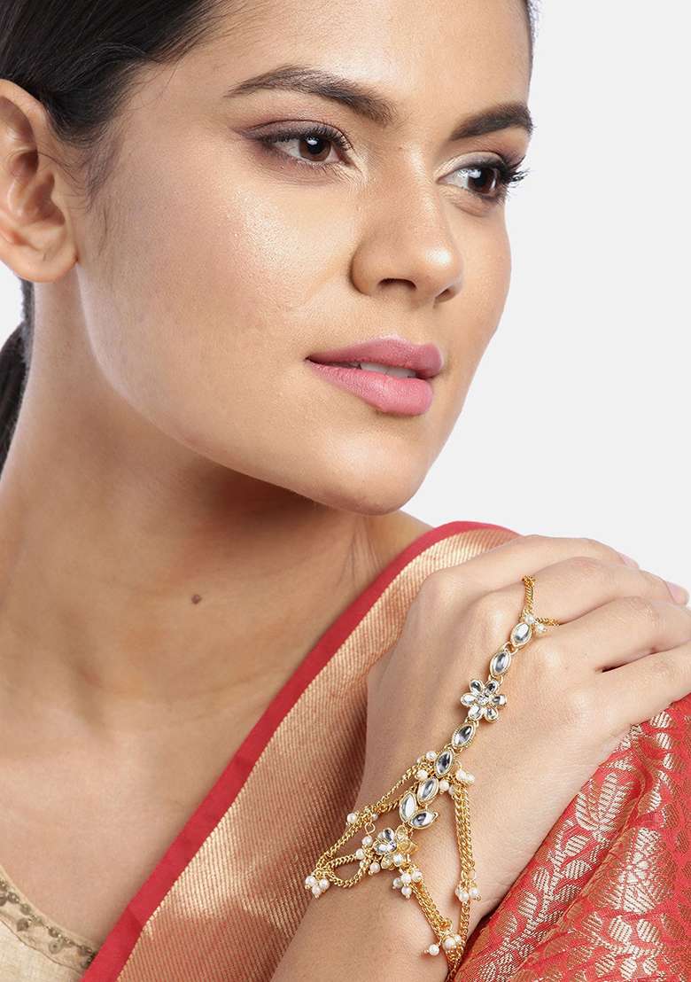 Traditional Gold Plated Kundan Pearl Haath Phool - Indya