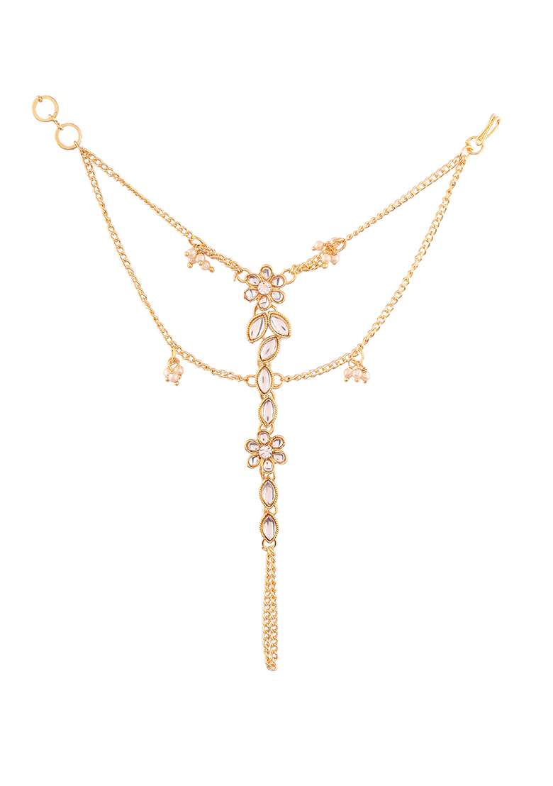 Traditional Gold Plated Kundan Pearl Haath Phool - Indya