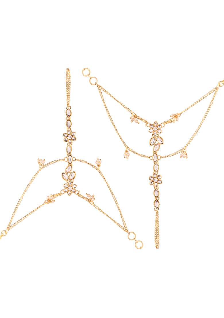 Traditional Gold Plated Kundan Pearl Haath Phool - Indya