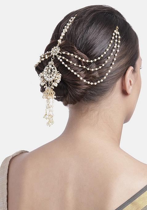 Gold Plated Traditional Handcrafted White Kundan And Pearl Studded Hair Brand Pin