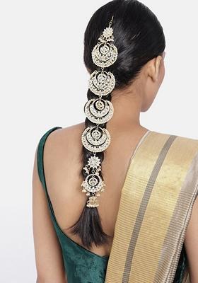 Gold Plated Metal Traditional Floral Kundan Pearl Studded Beaded Head Chain