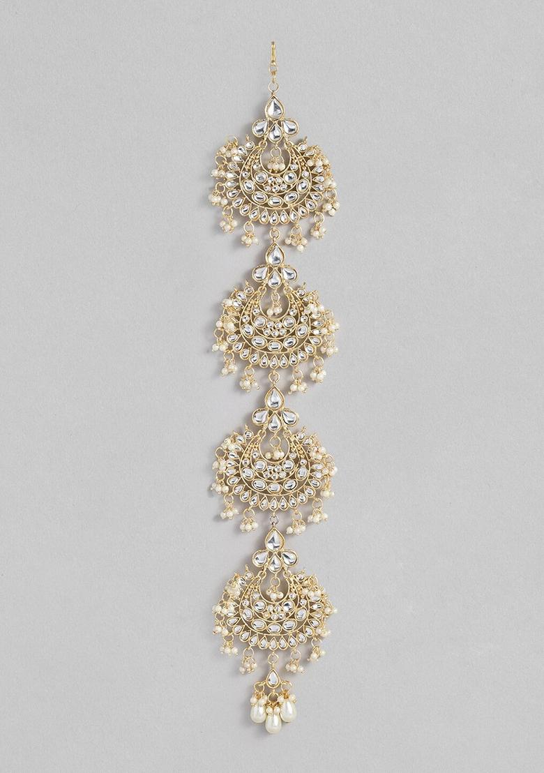 Gold Plated Traditional Handcrafted White Kundan And Pearl Studded Hair Brand Pin