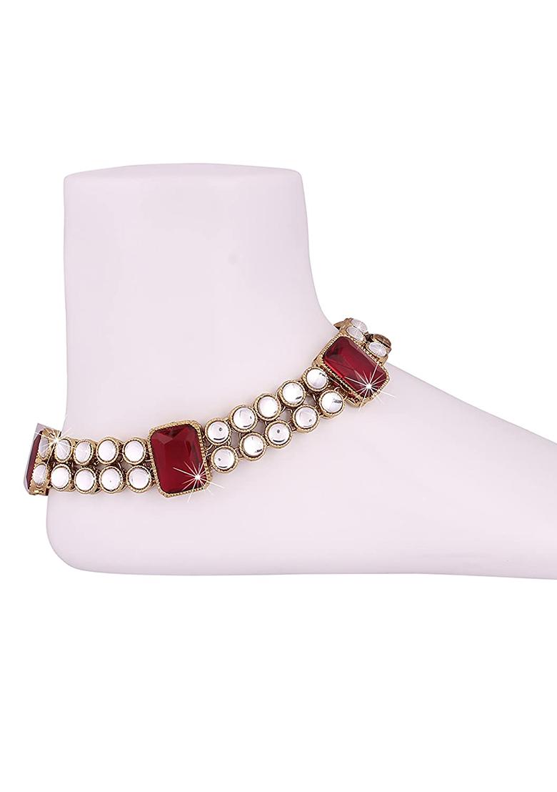 Traditional Green Stones Gold Plated Bridal Anklets Payal Embellished