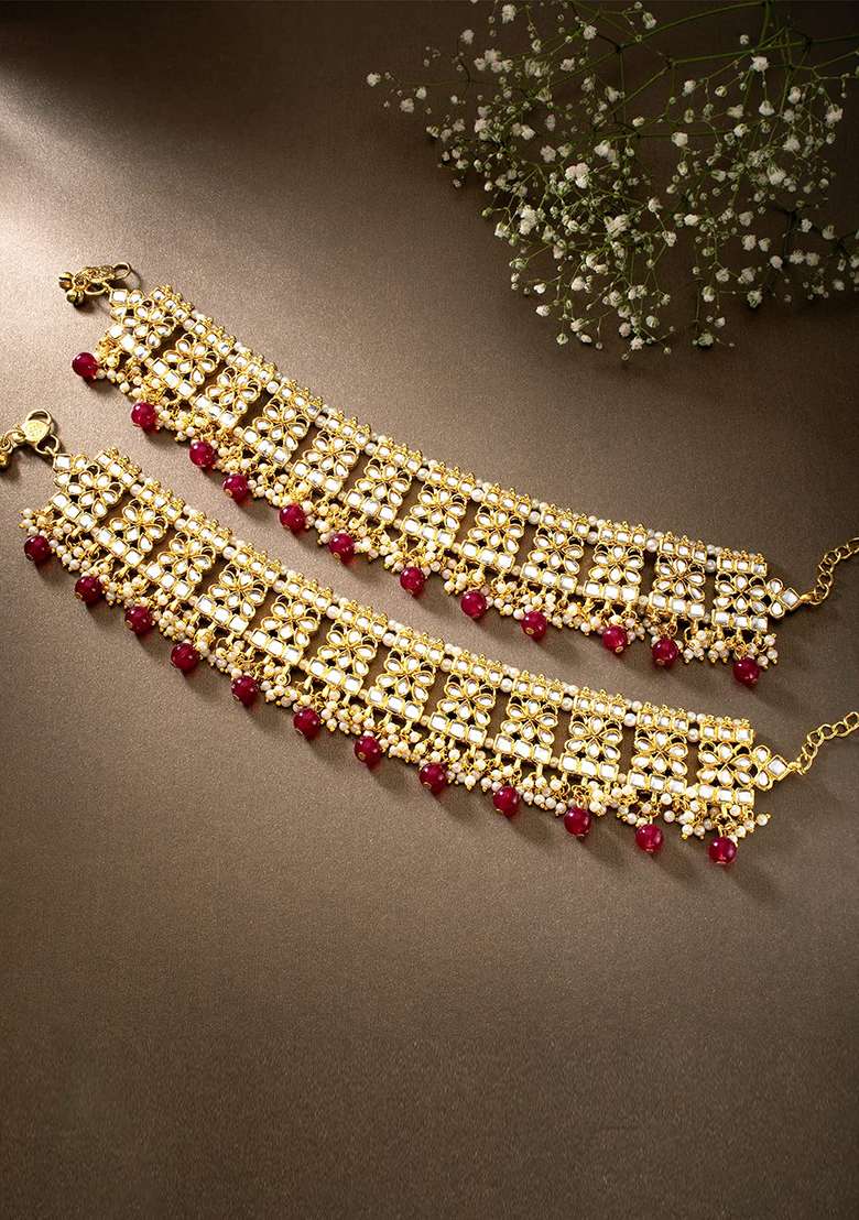 Gold Plated Bridal Kundan Pearl Anklets - Indya