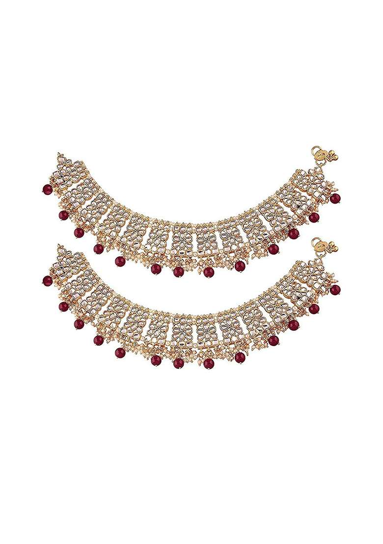 Gold Plated Bridal Kundan Pearl Anklets - Indya