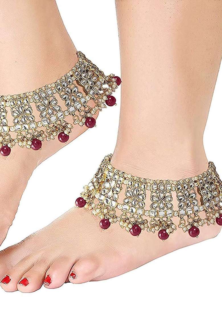Gold Plated Bridal Kundan Pearl Anklets - Indya