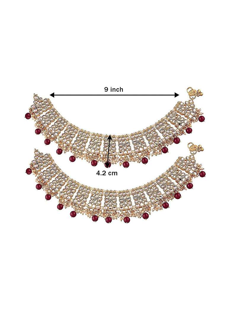 Gold Plated Bridal Kundan Pearl Anklets - Indya