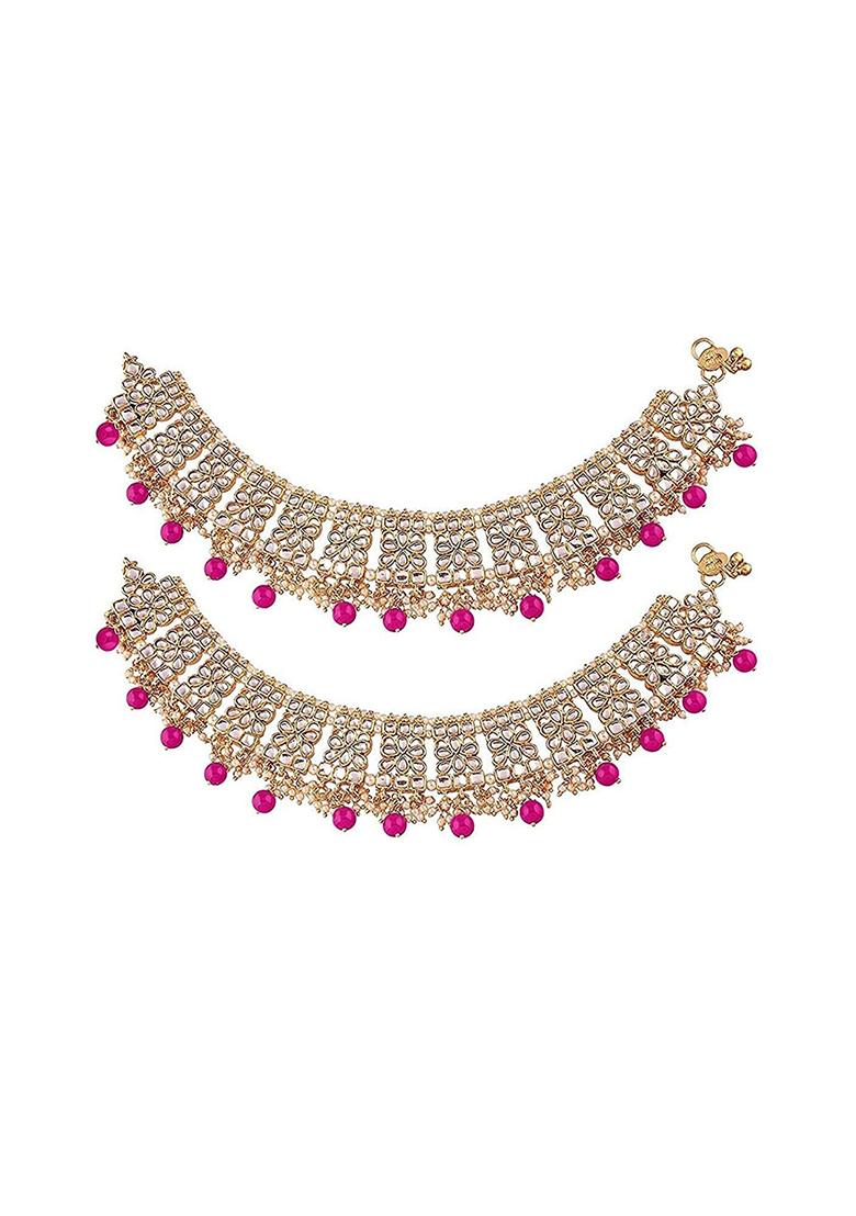 Gold Plated Bridal Kundan Pearl Anklets