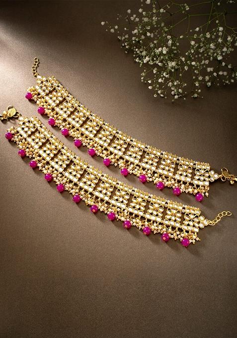 Gold Plated Bridal Kundan Pearl Anklets