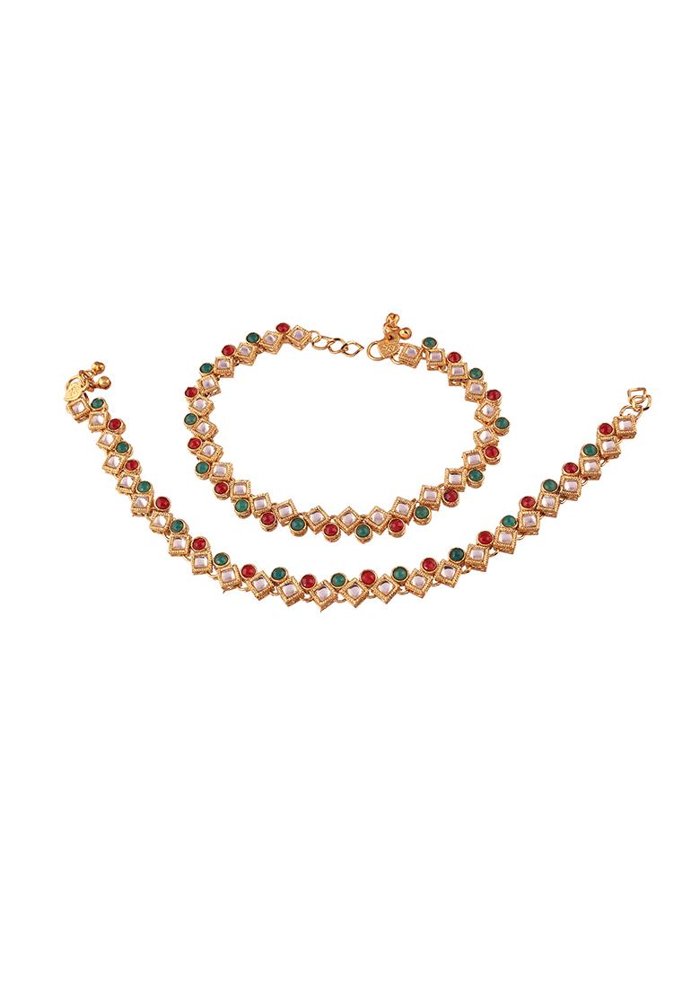 Gold Plated Traditional Kundan Anklets - Indya