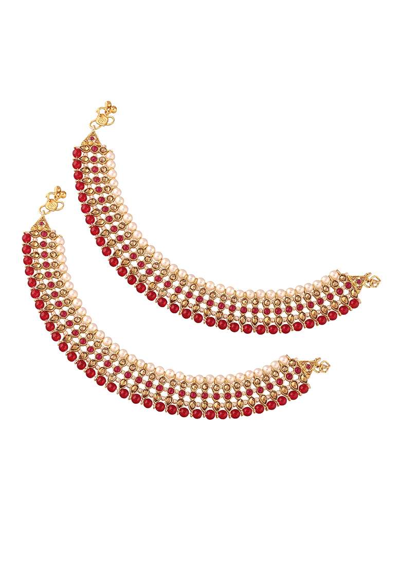 Traditional Alloy Gold Plated Kundan Pearl Payal Anklet - Indya