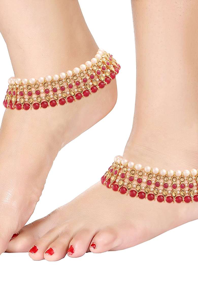 Traditional Alloy Gold Plated Kundan Pearl Payal Anklet - Indya
