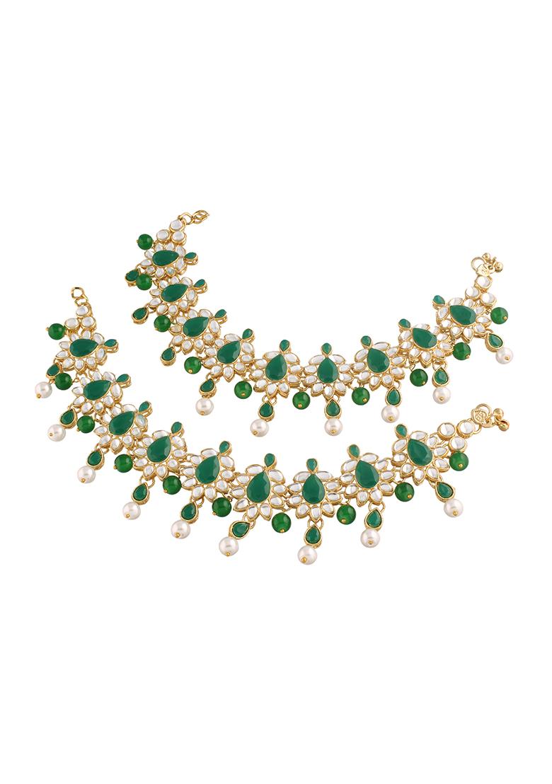 Traditional Gold Plated Bridal Anklets Payal Embellished With Green Stone