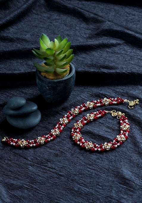 Traditional Gold Plated Encased With Faux Kundan And Pearl Adjustable Pair Of Bridal Maroon Anklets Payal