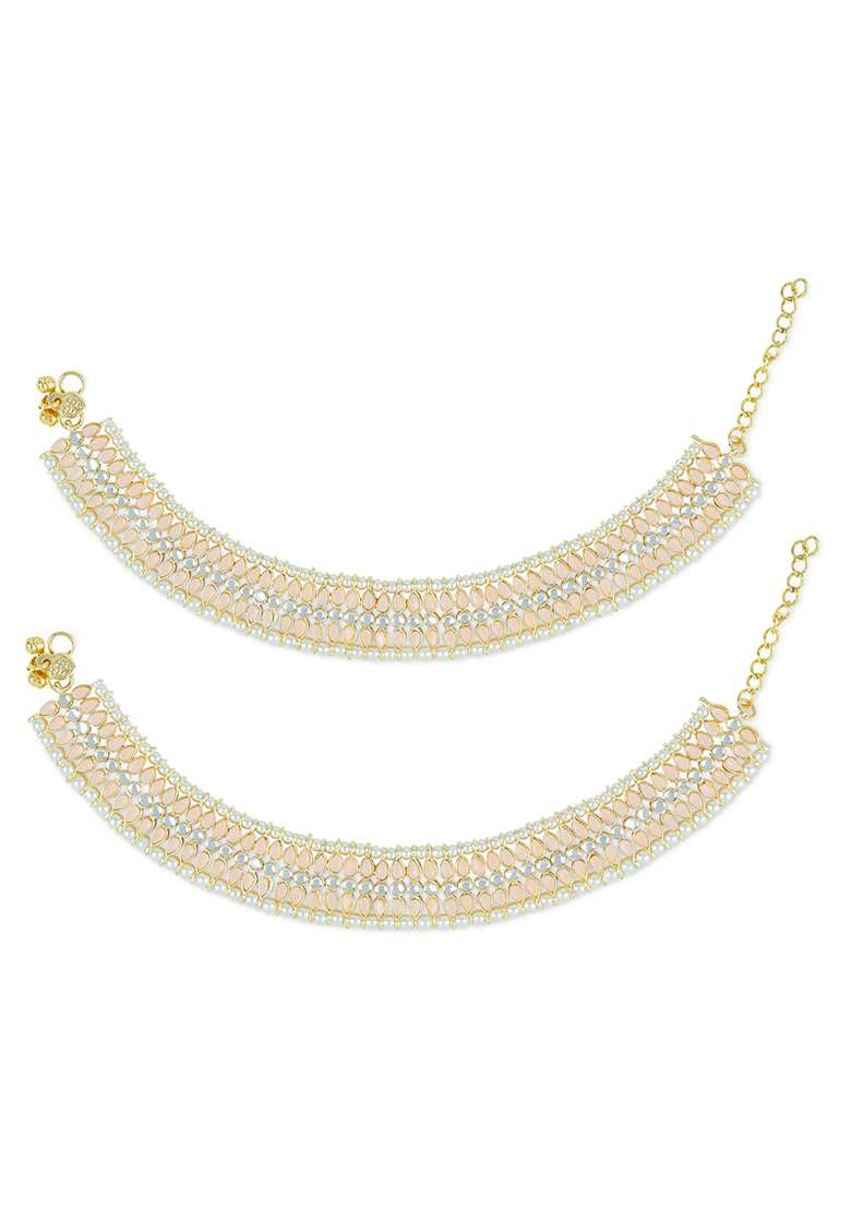 Traditional Alloy Gold Plated Kundan Pearl Payal Anklets - Indya