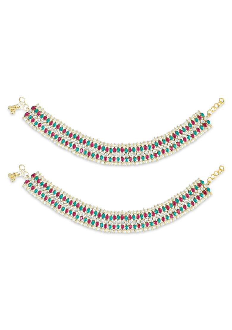 Traditional Alloy Gold Plated Kundan Pearl Payal Anklets - Indya