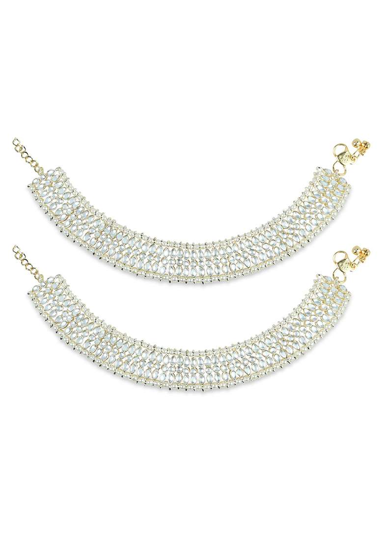 Traditional Alloy Gold Plated Kundan Pearl Payal Anklets - Indya
