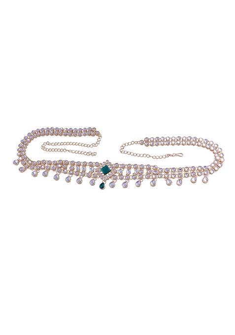 Gold Plated Traditional Green Stone Handcrafted Adjustable Pearl Kamarband