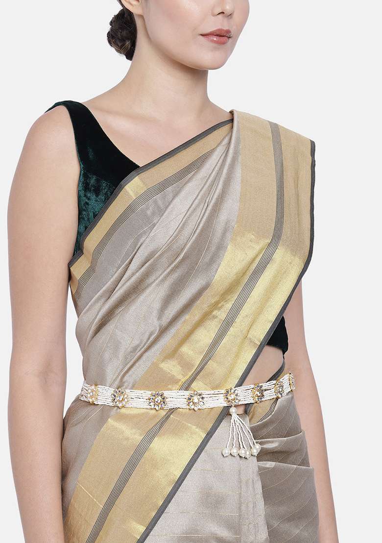 Gold Plated Traditional Ethnic Floral Design Kundan And Stone Studded Adjustable Pearl Kamarband - Indya