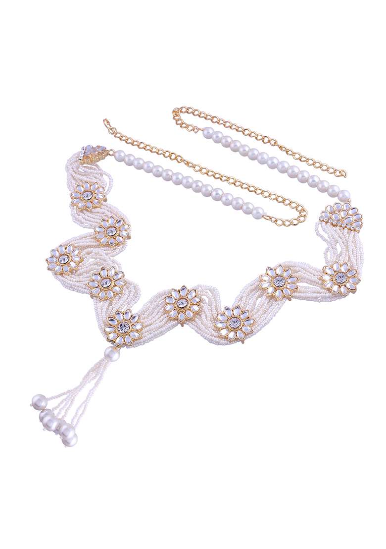 Gold Plated Traditional Ethnic Floral Design Kundan And Stone Studded Adjustable Pearl Kamarband - Indya
