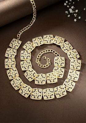 Gold Plated Traditional Ethnic Square Shape Kundan Studded Adjustable Pearl Kamarband