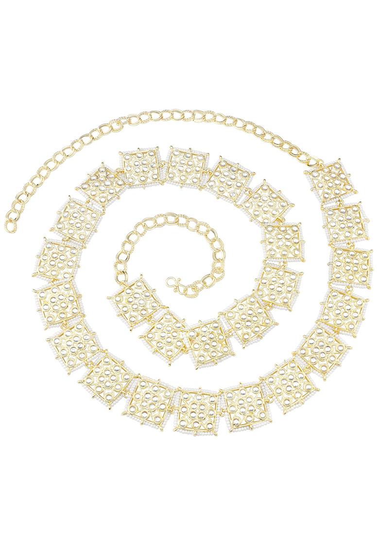Gold Plated Traditional Ethnic Square Shape Kundan Studded Adjustable Pearl Kamarband