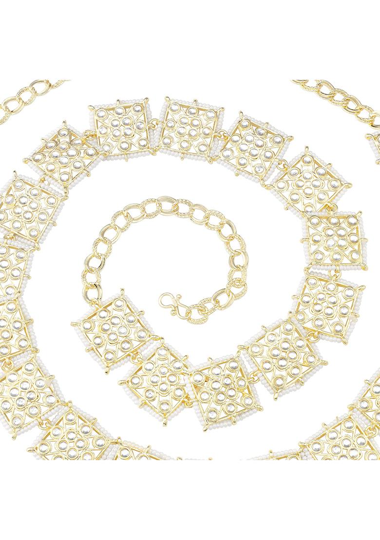 Gold Plated Traditional Ethnic Square Shape Kundan Studded Adjustable Pearl Kamarband