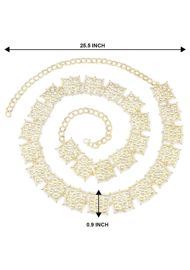 Gold Plated Traditional Ethnic Square Shape Kundan Studded Adjustable Pearl Kamarband