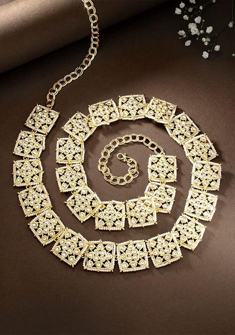 Gold Plated Traditional Ethnic Square Shape Kundan Studded Adjustable Pearl Kamarband
