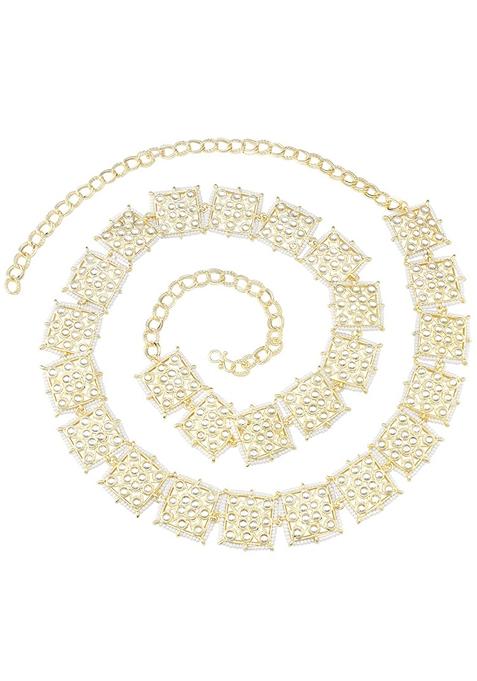 Gold Plated Traditional Ethnic Square Shape Kundan Studded Adjustable Pearl Kamarband