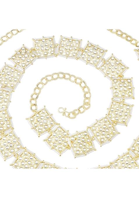 Gold Plated Traditional Ethnic Square Shape Kundan Studded Adjustable Pearl Kamarband