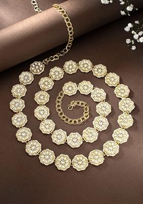 Gold Plated Traditional Ethnic Floral Design Kundan Studded Adjustable Pearl Kamarband