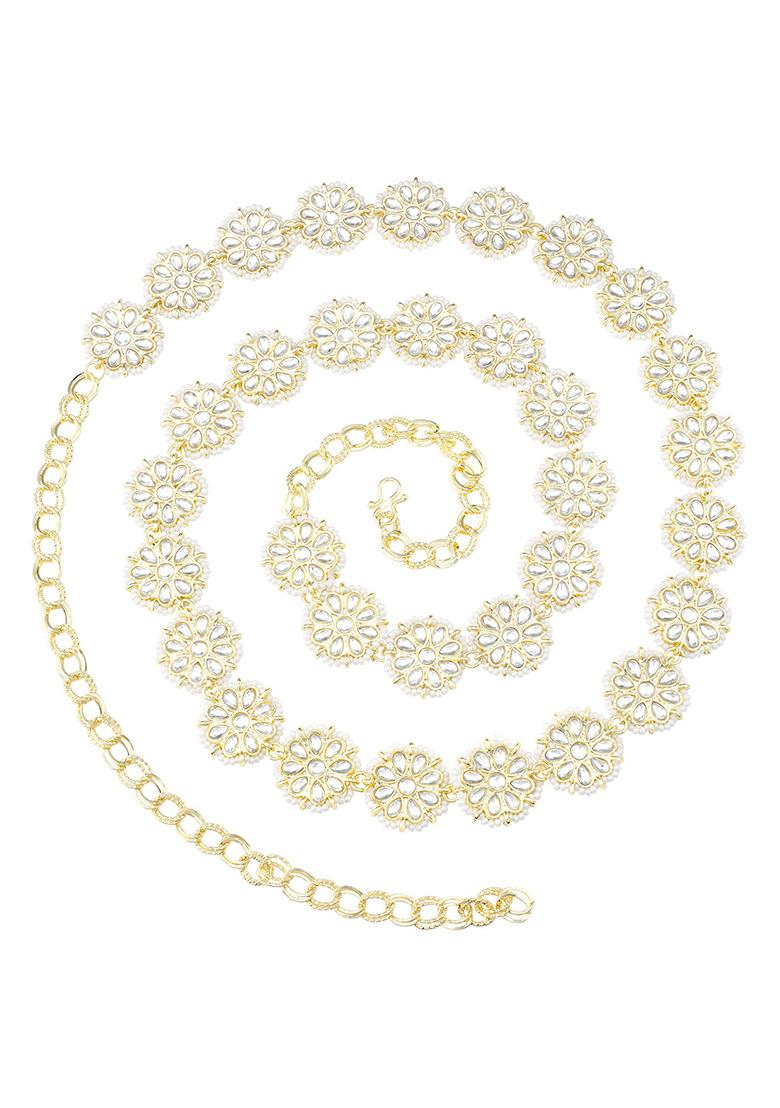 Gold Plated Traditional Ethnic Floral Design Kundan Studded Adjustable Pearl Kamarband