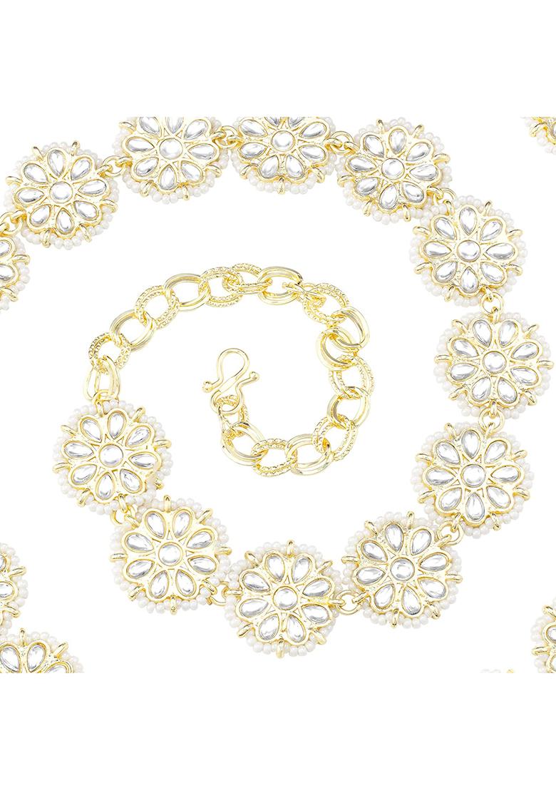 Gold Plated Traditional Ethnic Floral Design Kundan Studded Adjustable Pearl Kamarband