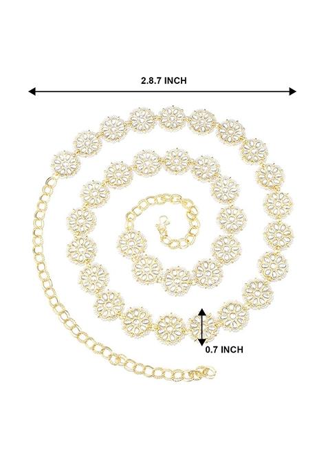 Gold Plated Traditional Ethnic Floral Design Kundan Studded Adjustable Pearl Kamarband
