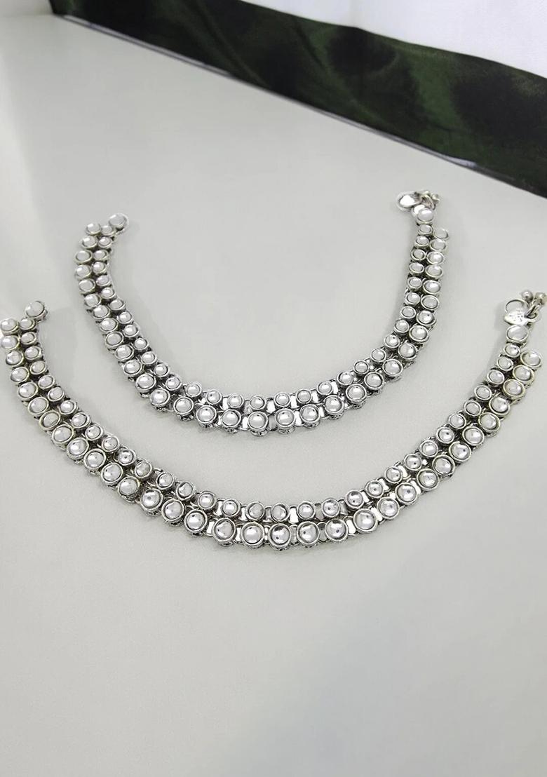 White Silver Plated Kundan Anklet With Ghungroo